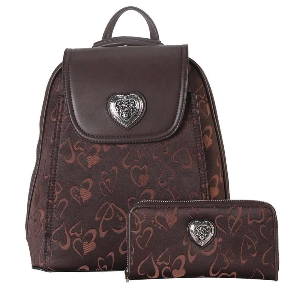 RIMEN & Co Brown Heart Embossed Backpack & Wallet